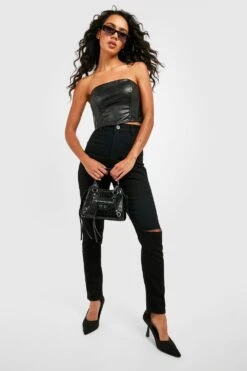 Jean Disco Taille Haute à Genoux Déchirés -FR Chemises Soldes Magasin fzz11488 black xl 2