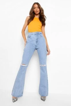 Jean Bootcut Déchiré à Taille Haute