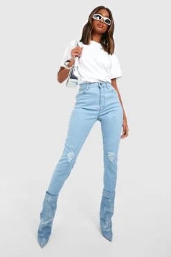 BOOHOO Jean Skinny Basique Fendu Taille Haute