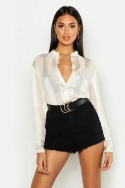 Chemise Satinée Sans Col à Rayures -FR Chemises Soldes Magasin fzz98346 mocha xl 3