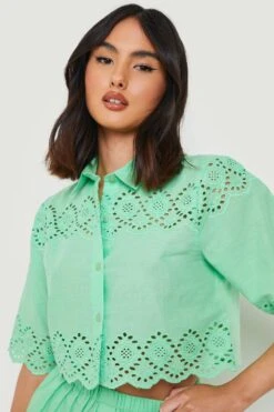 Chemise Courte En Broderie Anglaise -FR Chemises Soldes Magasin gzz07705 green xl 3