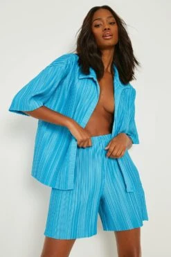 Short Ample Plissé Effet Mat -FR Chemises Soldes Magasin gzz10427 azure xl 3