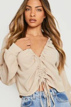 Chemise Texturée à Manches Volumineuses -FR Chemises Soldes Magasin gzz11675 sand xl 3