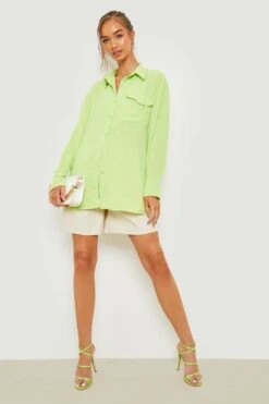 Chemise Ample Martelée à Poche -FR Chemises Soldes Magasin gzz19096 soft20lime xl 2