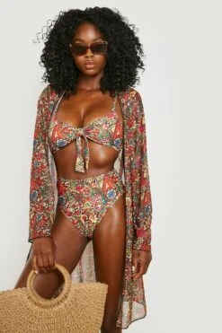Bikini 3 Pièces à Imprimé Fleuri Avec Kimono, Haut Noué Et Bas Taille Haute -FR Chemises Soldes Magasin gzz19581 pink xl 2