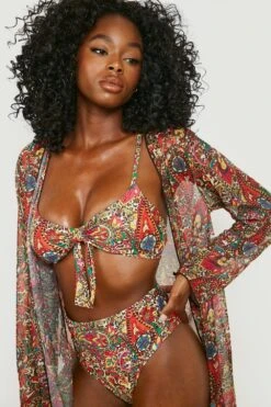 Bikini 3 Pièces à Imprimé Fleuri Avec Kimono, Haut Noué Et Bas Taille Haute -FR Chemises Soldes Magasin gzz19581 pink xl 3