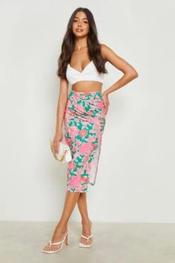 Jupe Mi-longue Fendue Effet Drapé à Imprimé Fleuri