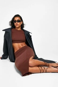 Jupe Mi-longue Fendue Côtelée 8 Jupe Mi-longue Fendue Côtelée -FR Chemises Soldes Magasin gzz21691 chocolate xl 2