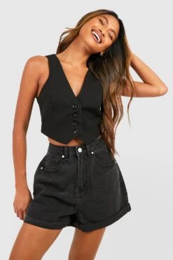 Short Boyfriend En Jean à Taille Haute -FR Chemises Soldes Magasin gzz22434 black xl 2