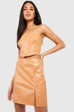 Mini-jupe En Similicuir à Fente -FR Chemises Soldes Magasin gzz23086 camel xl 2