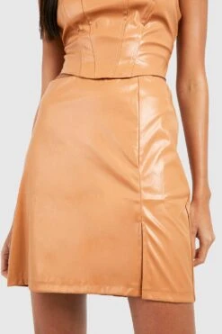 Mini-jupe En Similicuir à Fente -FR Chemises Soldes Magasin gzz23086 camel xl 3