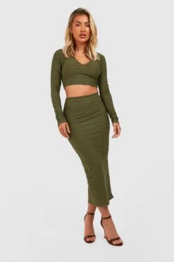 Ensemble Côtelé Avec Crop Top Et Jupe Longue -FR Chemises Soldes Magasin gzz30979 olive xl 2