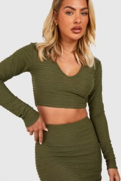 Ensemble Côtelé Avec Crop Top Et Jupe Longue -FR Chemises Soldes Magasin gzz30979 olive xl 3