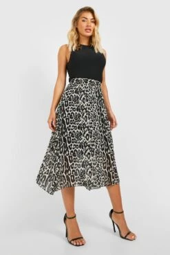 Jupe Mi-longue Plissée à Imprimé Léopard