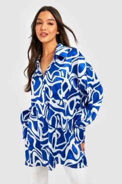 Chemise Ample Longue Satinée à Imprimé Abstrait -FR Chemises Soldes Magasin gzz32386 cobalt xl 2