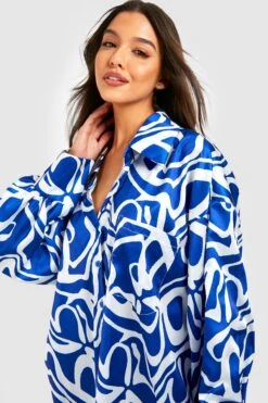 Chemise Ample Longue Satinée à Imprimé Abstrait -FR Chemises Soldes Magasin gzz32386 cobalt xl 3