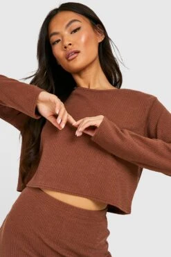 BOOHOO Crop Top Côtelé à Col Rond -FR Chemises Soldes Magasin gzz36404 chocolate xl 3