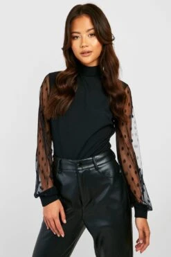 Body En Mesh à Col Montant Et Pois