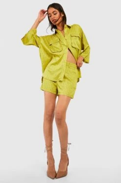 Short De Costume Satiné à Imprimé Pied-de-poule -FR Chemises Soldes Magasin gzz40677 chartreuse xl 2