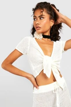 Ensemble En Crochet Avec Top Noué Et Mini-jupe -FR Chemises Soldes Magasin gzz42788 ivory xl 3