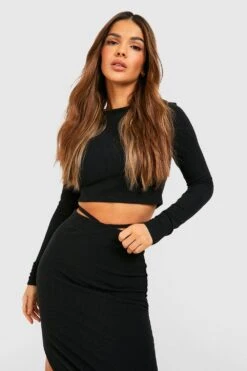 Crop Top Côtelé à Manches Longues 8 Crop Top Côtelé à Manches Longues -FR Chemises Soldes Magasin gzz46619 black xl 2