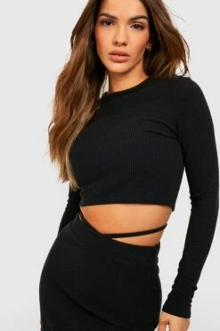 Crop Top Côtelé à Manches Longues 9 Crop Top Côtelé à Manches Longues -FR Chemises Soldes Magasin gzz46619 black xl 3