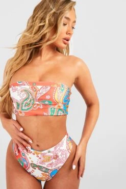Bikini Imprimé Cachemire Avec Haut Bandeau Et Bas Taille Haute -FR Chemises Soldes Magasin gzz54231 white xl 2