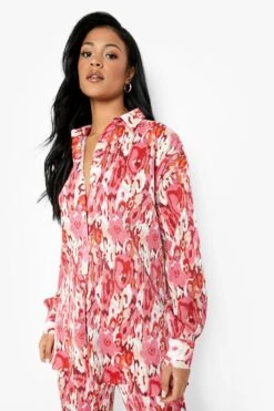 Tall - Chemise Oversize Plissée à Imprimé Fleuri -FR Chemises Soldes Magasin tzz02155 pink xl 3